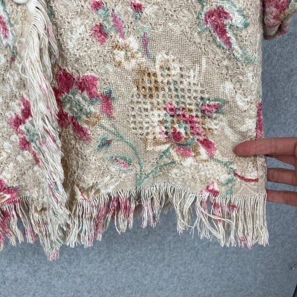 Womens Shawl Collar Floral Knit Jacket Size L Cottage Neutral Fringe Country - Picture 2 of 14